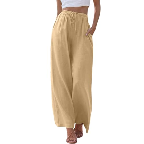 ZhungZaoh Sommerhose Damen Sommer Leinen Leicht Casual Locker Leinenhose Freizeithose Palazzo Hose Weite Leg Hose Strandhose Hohe Taille mit Tunnelzug und Taschen (02-Khaki, XXXL) von ZhungZaoh