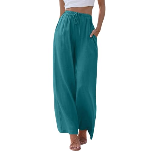 ZhungZaoh Sommerhose Damen Sommer Leinen Leicht Casual Locker Leinenhose Freizeithose Palazzo Hose Weite Leg Hose Strandhose Hohe Taille mit Tunnelzug und Taschen (02-Sky Blue, XXL) von ZhungZaoh