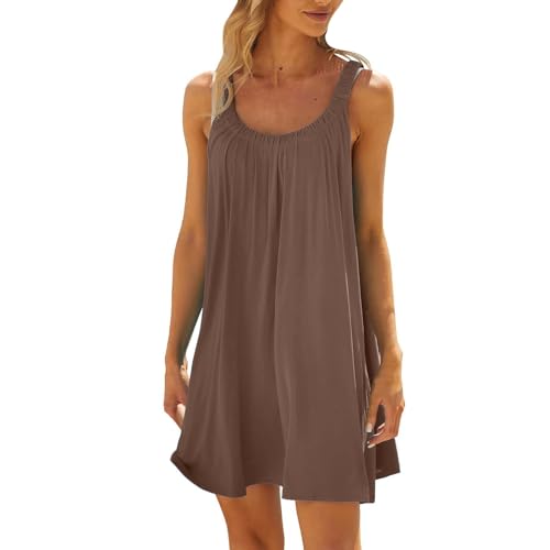 ZhungZaoh Sommerkleider Damen leicht und luftig Ärmellos Strandkleider Elegant Sommer Tunika Lang Kleid Knielang Minikleid Mädchen Outfits Freizeitkleid (1-Brown, XL) von ZhungZaoh