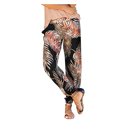 ZhungZaoh Strandhose Damen Sommerhose Leicht Boho Lange Haremshose Blumen Straight Bein Hose Damen Sommer Stoffhose Freizeithose Schlupfhose mit Taschen (011-Khaki, XXL) von ZhungZaoh
