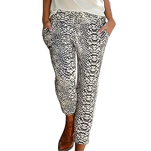 ZhungZaoh Strandhose Damen Sommerhose Leicht Boho Lange Haremshose Blumen Straight Bein Hose Damen Sommer Stoffhose Freizeithose Schlupfhose mit Taschen (014-White, M) von ZhungZaoh