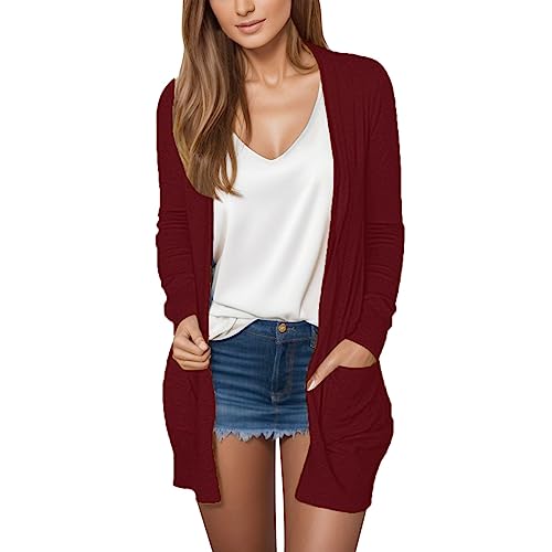 ZhungZaoh Strickjacken Damen Lang Leichte Cardigan Sommer Elegant Strickcardigan Langarm Jacke Casual Strickmantel Sweatjacke Pullover ohne Knöpfe mit Taschen (Weinrot, S) von ZhungZaoh