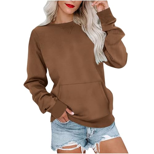 ZhungZaoh Sweatshirt Damen Langarm Pullover Rundhals Langarmshirt Herbst Winter Pulli Einfarbige Shirts Baumwolle Casual Langarm Oberteile Bluse Tops mit Taschen (Coffee, S) von ZhungZaoh