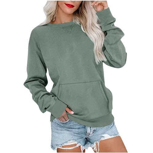 ZhungZaoh Sweatshirt Damen Langarm Pullover Rundhals Langarmshirt Herbst Winter Pulli Einfarbige Shirts Baumwolle Casual Langarm Oberteile Bluse Tops mit Taschen (Green, XL) von ZhungZaoh
