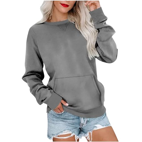 ZhungZaoh Sweatshirt Damen Langarm Pullover Rundhals Langarmshirt Herbst Winter Pulli Einfarbige Shirts Baumwolle Casual Langarm Oberteile Bluse Tops mit Taschen (Grey, L) von ZhungZaoh