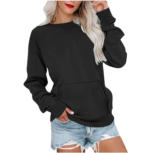 ZhungZaoh Sweatshirt Damen Langarm Pullover Rundhals Langarmshirt Herbst Winter Pulli Einfarbige Shirts Baumwolle Casual Langarm Oberteile Bluse Tops mit Taschen (S) von ZhungZaoh