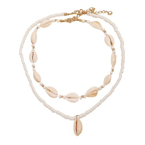 ZhuoFan 2 Stück Boho Muschelkette, Geschichtete Perlen Muschelschmuck Damen, Natural Shell Choker mit Muschel-Anhänger, Sommer Strandresort-Stil Halsketten Schmuck Set für Frauen von ZhuoFan