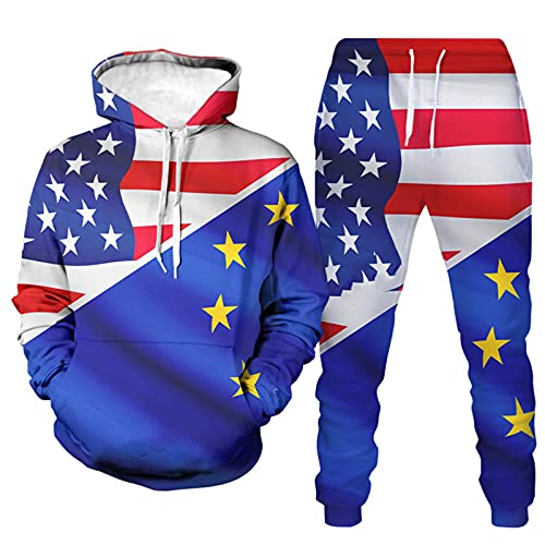 Zhuzhugege Herren Amerika Flagge Retro Print Trainingsanzug Set Mode Retro Hoodie & Jogginghose Zweiteiliges Set von Zhuzhugege