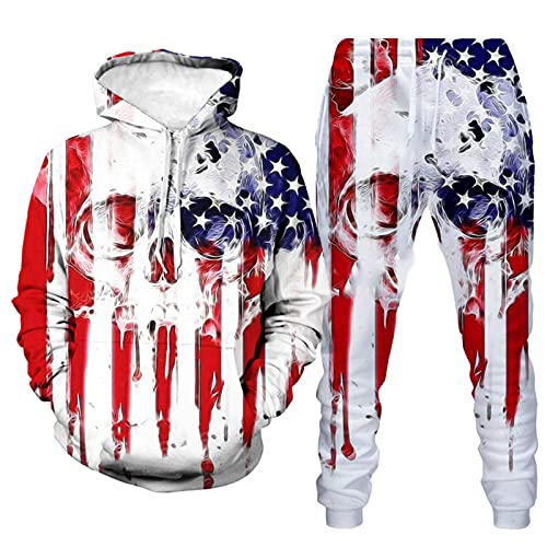 Zhuzhugege Herren Amerika Flagge Retro Print Trainingsanzug Set Mode Retro Hoodie & Jogginghose Zweiteiliges Set von Zhuzhugege