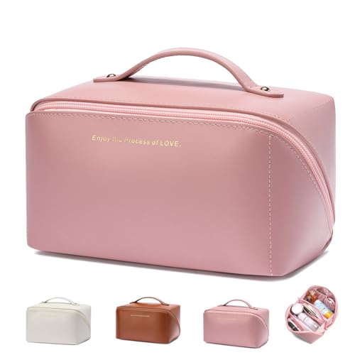 ZiMWoo Große Kapazität Reise Kosmetiktasche Damen,PU Leder wasserdichte Make Up Tasche, Reise Kulturbeutel für Frauen, Kosmetik Make-up Organizer Tasche mit Griff und Trennwand (Rosa) von ZiMWoo
