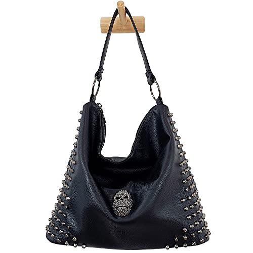 ZiMing Damen-Handtasche, PU-Leder, Umhängetasche, Totenkopf-Nieten, Umhängetasche mit langem Schultergurt, schwarz 2, Einheitsgröße von ZiMing