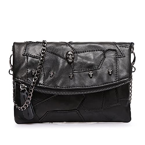 ZiMing® Clutch aus echtem Leder Damen Kette Umhängetasche Multicolor Splice Wallet Skull Purse Messenger Bag-Schwarz von ZiMing