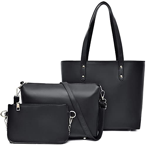 ZiMing® Damen Handtasche PU-Leder Einfache Handtasche Damen Umhängetasche Messenger Bag Clutch Geldbörse 3-teiliges Set-Schwarz von ZiMing