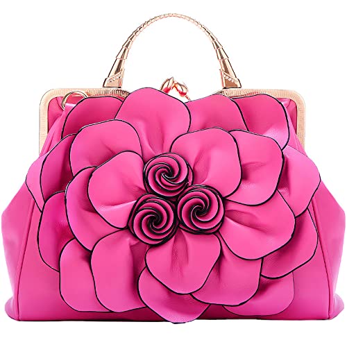 ZiMing Damen Top Handle Handtaschen 3D Floral Echtes Leder Tragetaschen Kiss Lock Abend Handtasche Stilvolle Umhängetasche Umhängetasche Umhängetasche Premium Geldbörse für Party Hochzeit-Rosarot von ZiMing