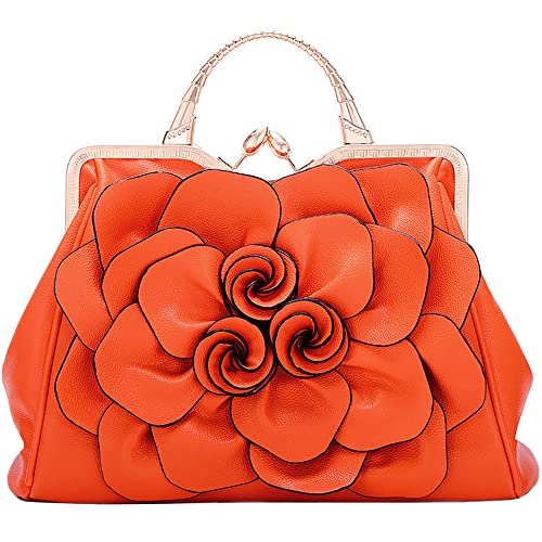 ZiMing Damen Top Handle Handtaschen 3D Floral Echtes Leder Tragetaschen Kiss Lock Abend Handtasche Stilvolle Umhängetasche Umhängetasche Umhängetasche Premium Geldbörse für Party Hochzeit-Orange von ZiMing
