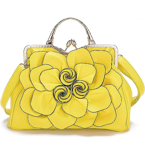 ZiMing Frauen Top Griff Handtaschen 3D Floral Echtes Leder Tote Taschen Kiss Lock Formale Abend Handtasche Satchel Premium Geldbörse, gelb, Einheitsgröße von ZiMing