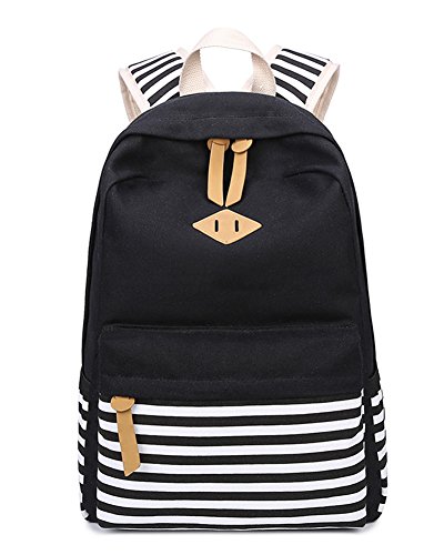 Canvas Vintage Bunten Streifen Polka Dot Schultasche für Jugend Teenager Mädchen Jungen lässig Daypack Schultertasche Rucksack Schwarz von ZiXing
