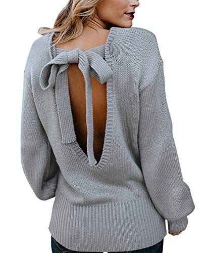 Damen Freizeit Pullover Loose Rückenfrei Rücken Kreuz Lange Ärmel Sweater Stricken Pullover Grau S von ZiXing