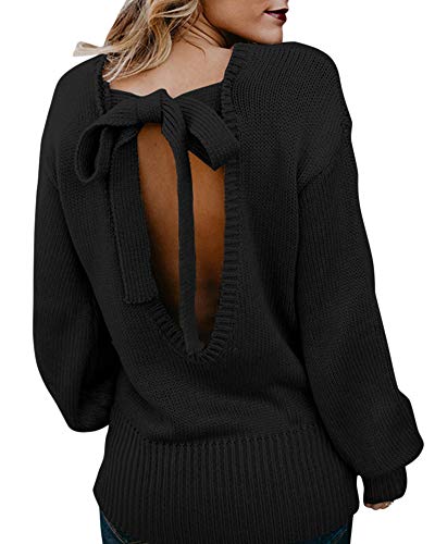 Damen Freizeit Pullover Loose Rückenfrei Rücken Kreuz Lange Ärmel Sweater Stricken Pullover Schwarz M von ZiXing