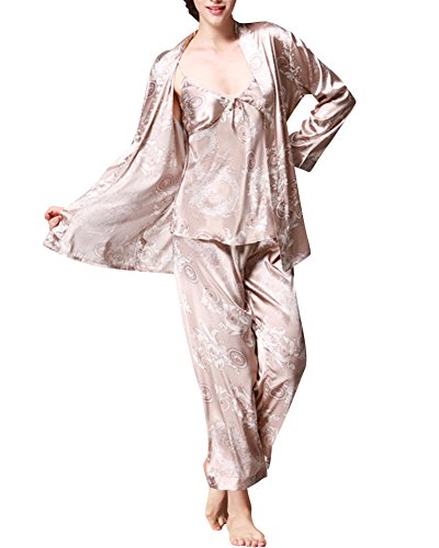 Damen Klassische Pyjama Set Satin Sleepwear Homewear Schlafanzug Nachtwäsche Kamel Large von ZiXing