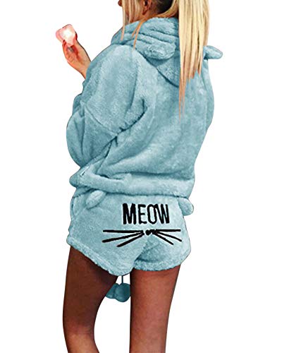 Damen Warmer Winter Gesetzte Zweiteilige Nette Katzen Pyjamas Hoodie Nachtwäsche mit Kapuze Hosenanzug Schlafanzug Jumpsuit Himmelblau S von ZiXing