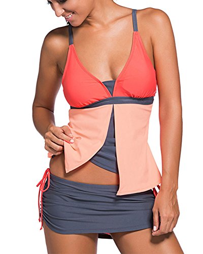 Damen Zwei Stück V-Ausschnitt Colorblock Tankini Set Bademode Hosenrock Badeanzug Rosa Orange X-Large von ZiXing