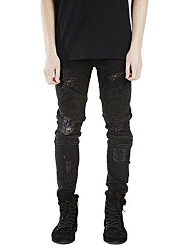 Herren Biker Hose Stoff Denim Stretch Slim Fit Zerrissen Gerippt Jeans schwarz 38 von ZiXing