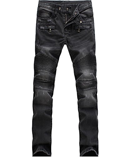 Herren Biker Jeans Slim Fit Zerrissen Jeans Hose Stretch Denim Hose schwarz 34 von ZiXing