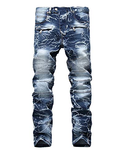 Herren Biker Jeanshosen Stretch Jeans Hose Zerrissen Destroyed Denim Slim Fit Jeans Blau 30 von ZiXing