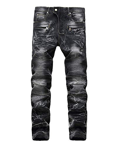 Herren Biker Jeanshosen Stretch Jeans Hose Zerrissen Destroyed Denim Slim Fit Jeans Schwarz 32 von ZiXing