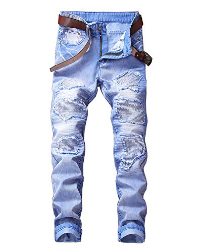 Herren Jeans Hose Denim Slim Fit Destroyed Zerrissen Denim Hosen Blau 29 von ZiXing