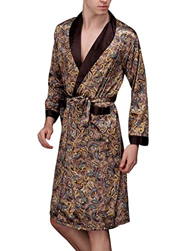 Herren Lange Klassische Schlafanzüge Charmeuse Morgenmantel Homewear Kimono Satin Bademäntel Robe Kaffee Large von ZiXing