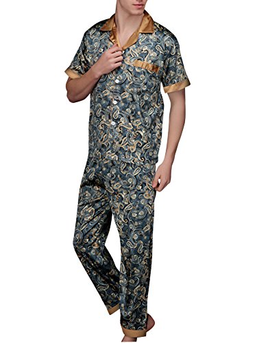 Herren Pyjama Lang Klassische Satin Schlafanzug Nachtwäsche Sleepwear Gedruckt Pyjama Anzug Satz Marine Large von ZiXing