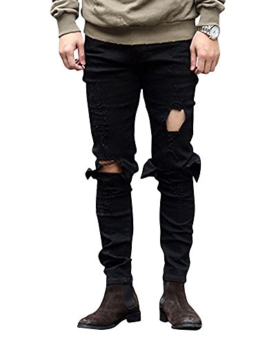 Herren Slim Fit Jeans Stretch Destroyed Zerrissen Verwaschen Hose Denim schwarz 32 von ZiXing