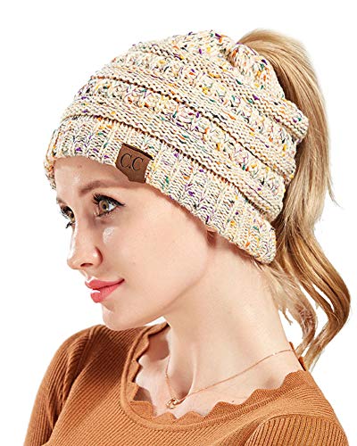 Pferdeschwanz Mütze Damen Mädchen Winter Warme Strickmütze Beanie Cap mit Loch für Zopf Beige OneSize von ZiXing