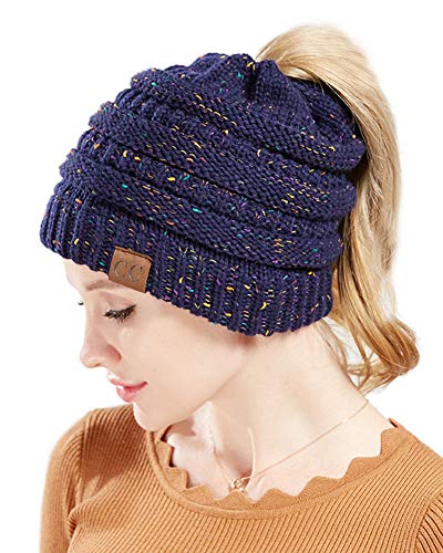 Pferdeschwanz Mütze Damen Mädchen Winter Warme Strickmütze Beanie Cap mit Loch für Zopf Marine OneSize von ZiXing