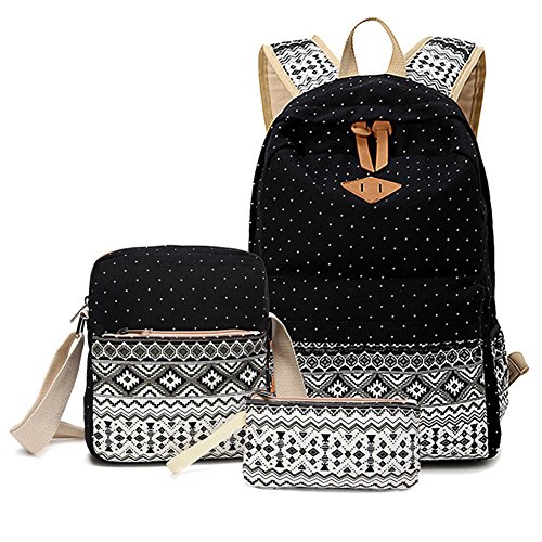 Schulrucksack + Kühltasche + Mäppchen Schultaschen 3 Set aus Canvas für Jungen Mädchen in der Schule Freizeit Schwarz von ZiXing