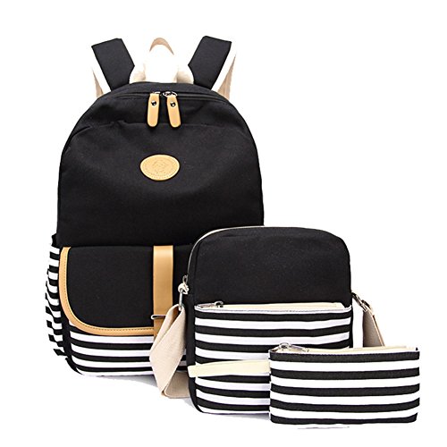 Schulrucksack Mädchen Canvas Rucksack Daypacks Backpack Damen Schulranzen/Schultasche 3 in 1 Schwarz von ZiXing