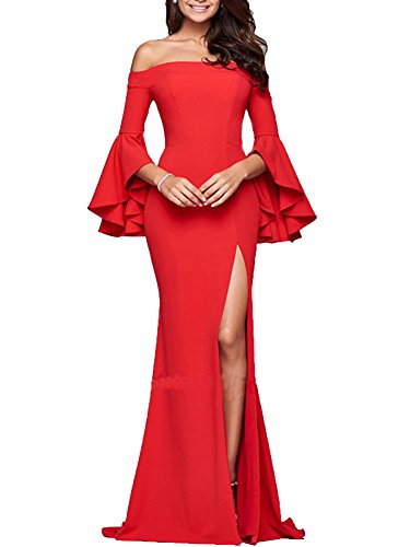ZiXing Damen Trägerlos Split Off Shoulder Lange Abendkleid Strandkleid Partykleider Maxi Kleid Rot Large von ZiXing