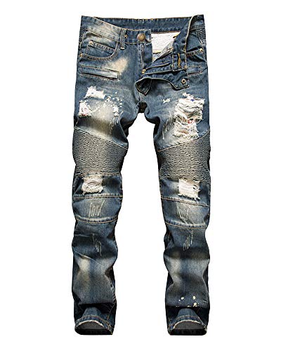 ZiXing Herren Jeans Hose Denim Stretch Regular Fit Zerrissene Destroyed Motorrad Biker Jeanshosen Blau 33 von ZiXing