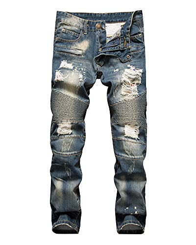 ZiXing Herren Jeans Hose Denim Stretch Regular Fit Zerrissene Destroyed Motorrad Biker Jeanshosen Blau 40 von ZiXing