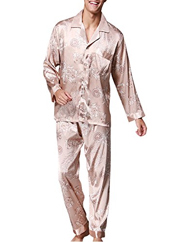 ZiXing Herren Satin Pyjama Set Lang Durchgeknöpft Nachtwäsche Sleepwear Gedruckt Kamel Large von ZiXing