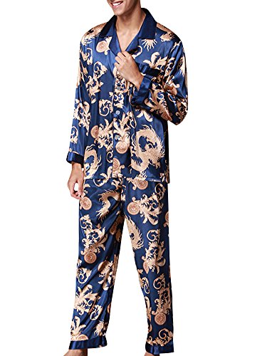 ZiXing Herren Satin Pyjama Set Lang Durchgeknöpft Nachtwäsche Sleepwear Gedruckt Königsblau XX-Large von ZiXing