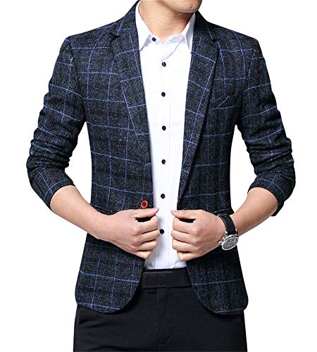 ZiXing Herren Slim Fit Tweed Sakko Blazer Anzug Jacke Kariert Hochzeit Party Blau Small von ZiXing