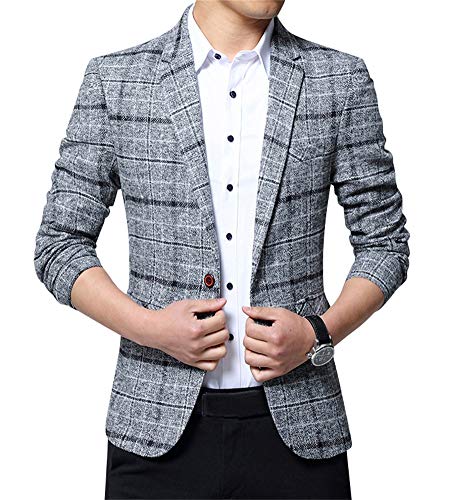 ZiXing Herren Slim Fit Tweed Sakko Blazer Anzug Jacke Kariert Hochzeit Party Grau Medium von ZiXing