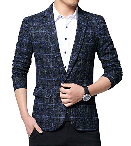 ZiXing Herren Slim Fit Tweed Sakko Blazer Kariert Hochzeit Party Blau Small von ZiXing