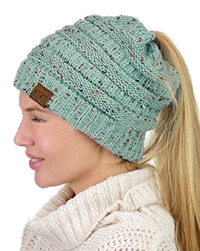 ZiXing Pferdeschwanz Mütze Damen Mädchen Winter Warme Strickmütze Beanie Cap mit Loch für Zopf Blau OneSize von ZiXing