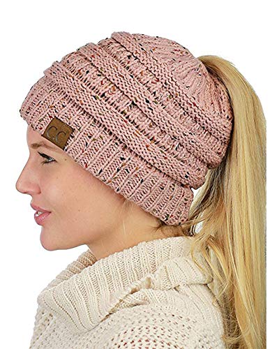 ZiXing Pferdeschwanz Mütze Damen Mädchen Winter Warme Strickmütze Beanie Cap mit Loch für Zopf Rosa OneSize von ZiXing