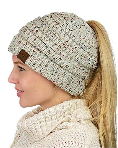 ZiXing Pferdeschwanz Mütze Damen Mädchen Winter Warme Strickmütze Beanie Cap mit Loch für Zopf hellgrau OneSize von ZiXing