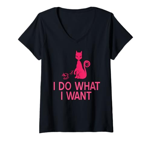 Damen Widerspenstiger Katze Humor Ich Mach was Ich Will T-Shirt mit V-Ausschnitt Damen Widerspenstiger Katze Humor Ich Mach was Ich Will T-Shirt mit V-Ausschnitt von Zickige Katze Haltung Selbstbewusster Stil